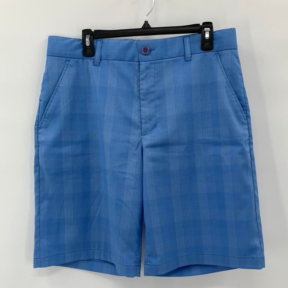 Greg Norman Golf Shorts Mens 32 Stretch Blue White Check Chino Flat Front Shark